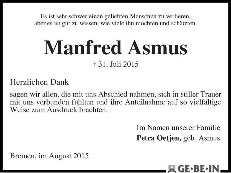 Traueranzeige von Manfred Asmus von WESER-KURIER
