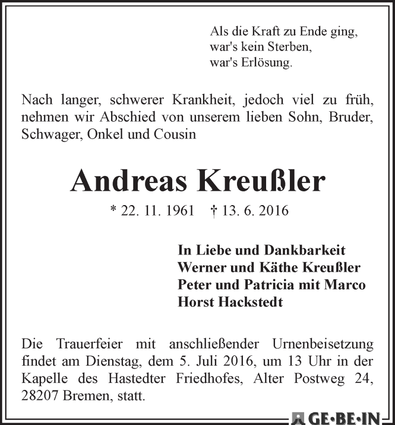 Traueranzeige von Andreas Kreußler von WESER-KURIER