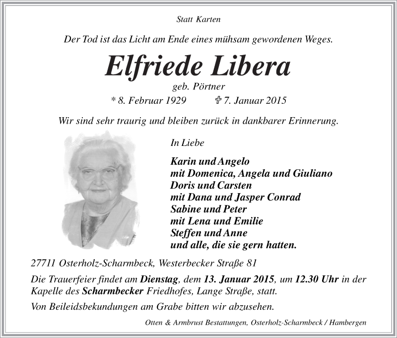 Traueranzeige von Elfriede Libera von Osterholzer Kreisblatt