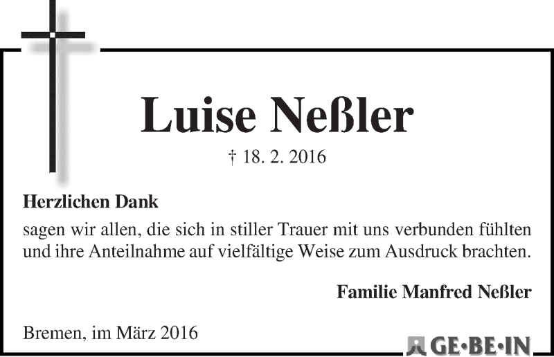 Traueranzeige von Luise Neßler von WESER-KURIER