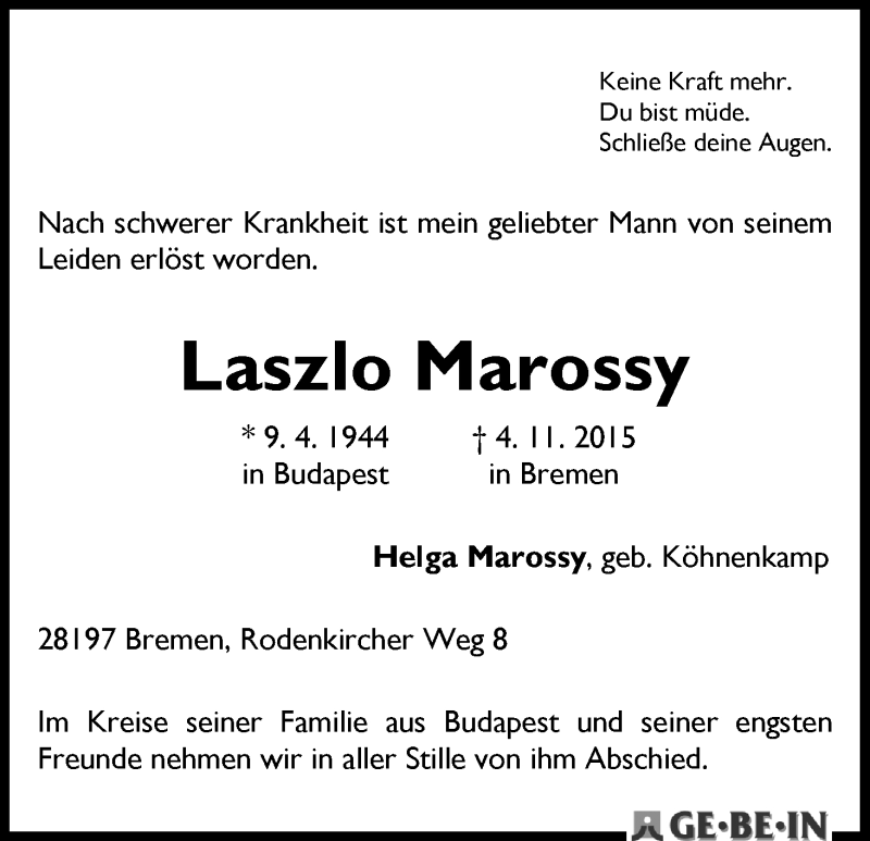Traueranzeige von Laszlo Marossy von WESER-KURIER