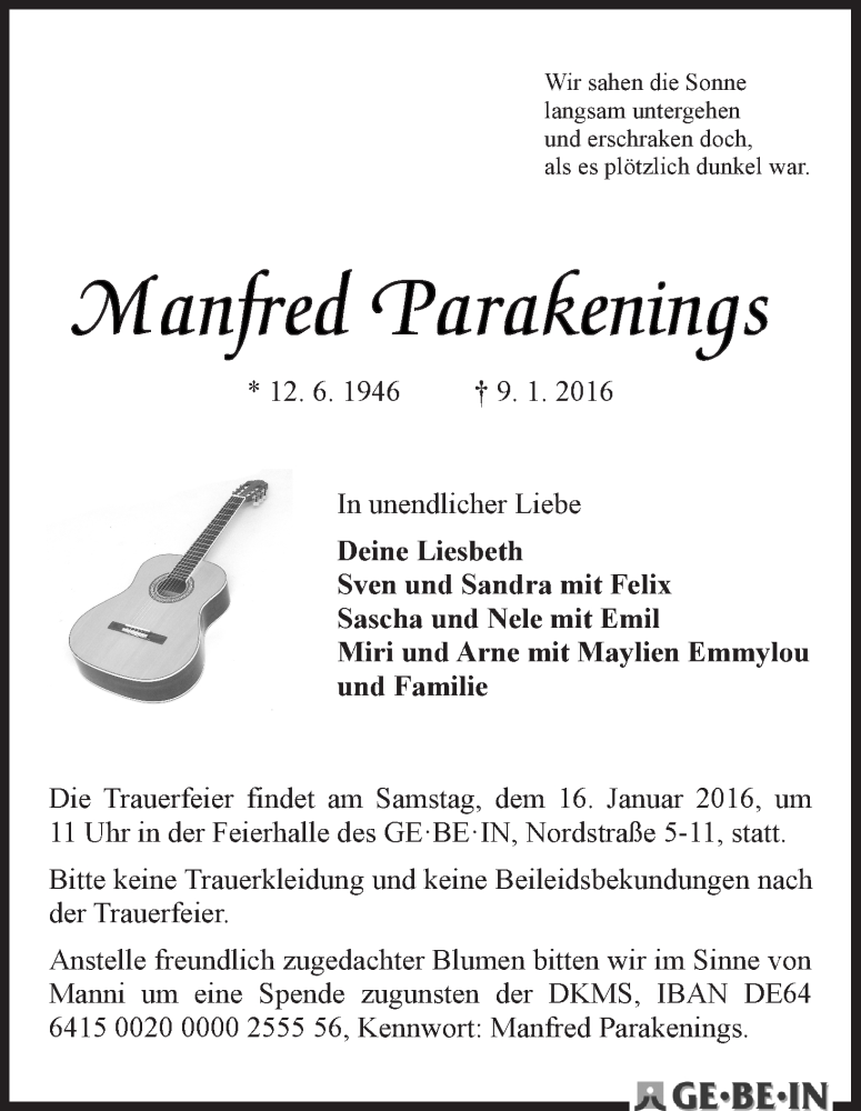  Traueranzeige für Manfred Parakenings vom 13.01.2016 aus WESER-KURIER