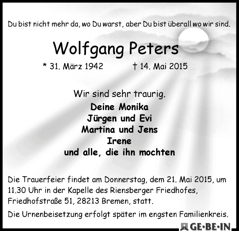 Traueranzeige von Wolfgang Peters von WESER-KURIER