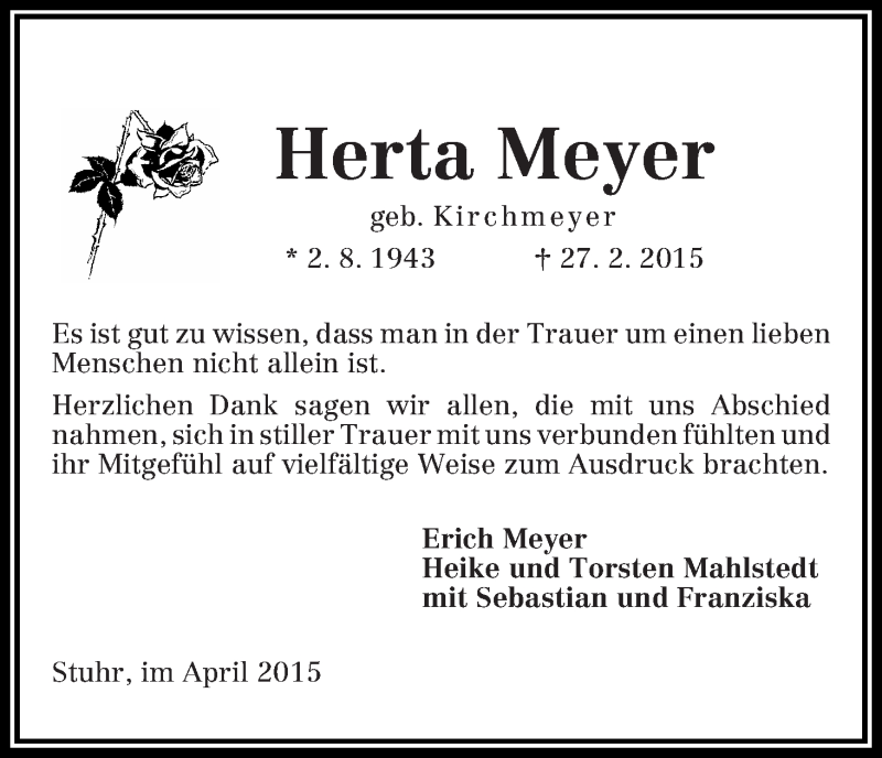 Traueranzeige von Herta Meyer von WESER-KURIER