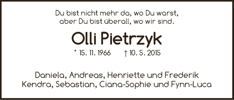  Traueranzeige für Oliver (Olli) Pietrzyk vom 23.05.2015 aus WESER-KURIER