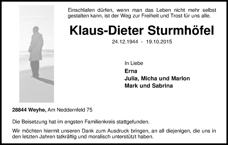  Traueranzeige für Klaus-Dieter Sturmhöfel vom 03.11.2015 aus WESER-KURIER
