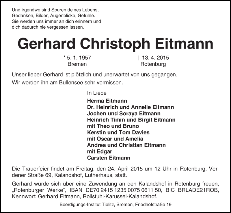 Traueranzeige von Gerhard Christoph Eitmann von WESER-KURIER