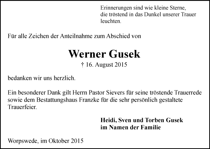 Traueranzeige von Werner Gusek von Wuemme Zeitung