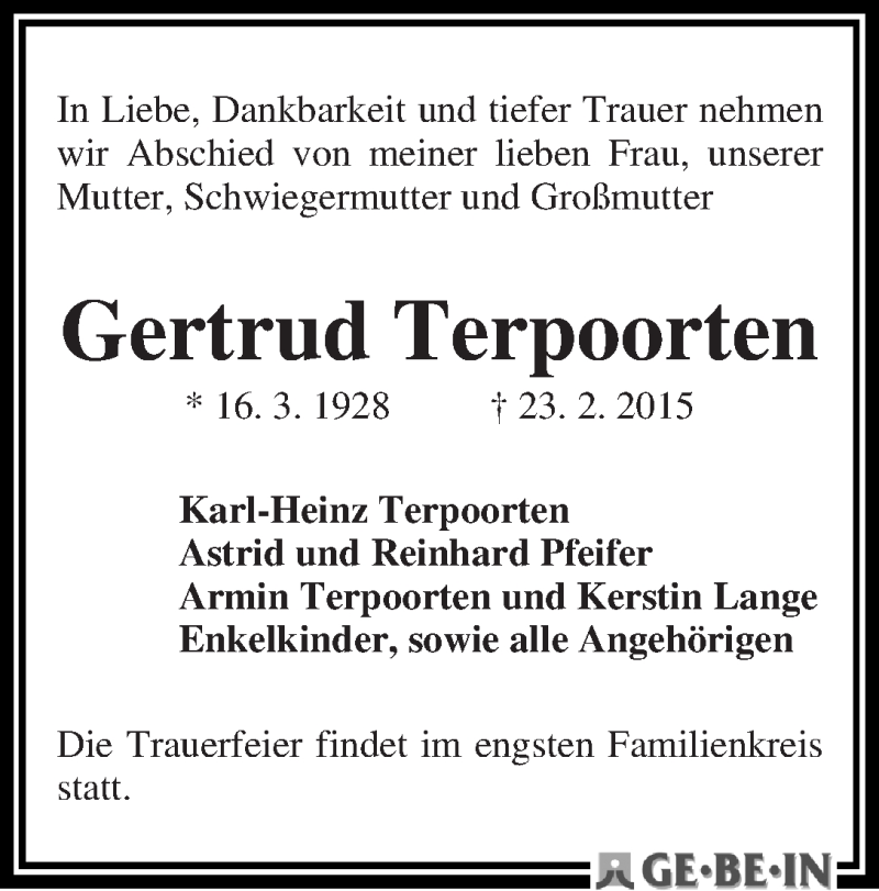 Traueranzeige von Gertrud Terpoorten von WESER-KURIER