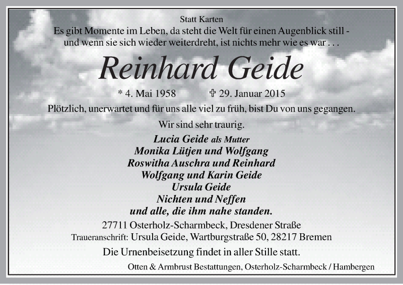  Traueranzeige für Reinhard Geide vom 06.02.2015 aus Osterholzer Kreisblatt