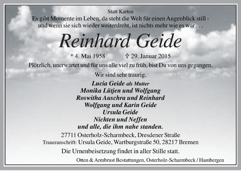 Traueranzeige von Reinhard Geide von Osterholzer Kreisblatt