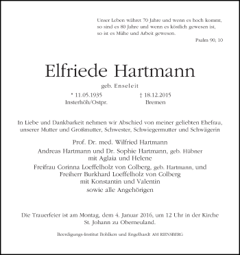 Traueranzeige von Elfriede Hartmann