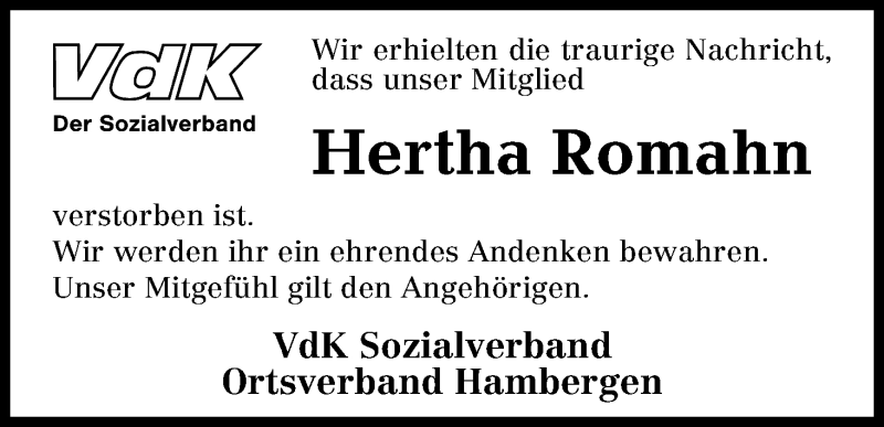 Traueranzeige von Hertha Romahn von Osterholzer Kreisblatt