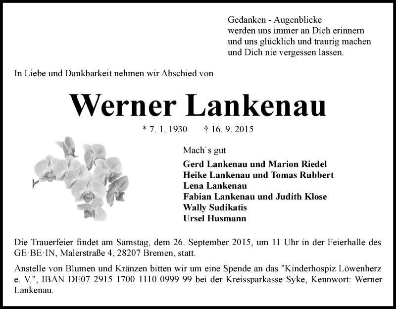 Traueranzeige von Werner Lankenau von WESER-KURIER