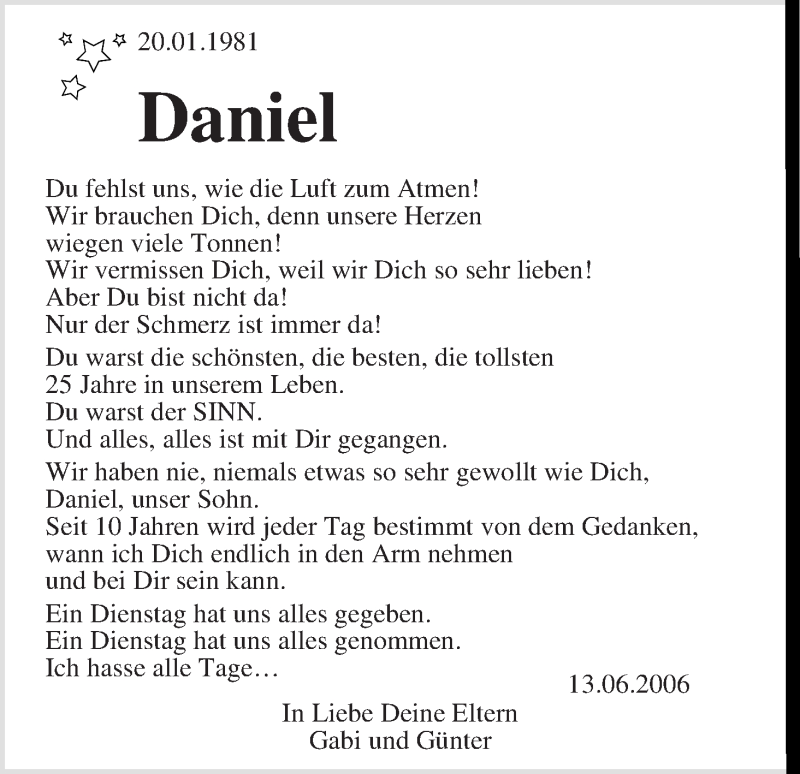 Traueranzeige für Daniel Meink vom 13.06.2016 aus WESER-KURIER