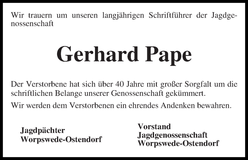 Traueranzeige von Gerhard Pape von Wuemme Zeitung