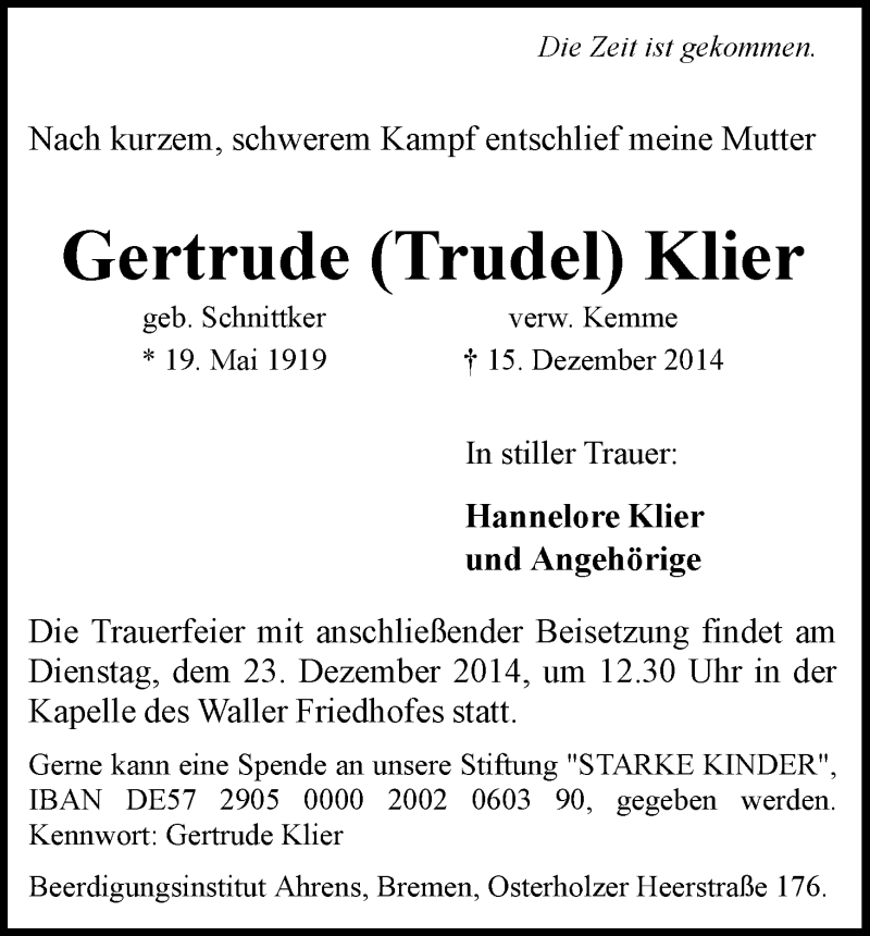 Traueranzeige von Gertrude (Trudel) Klier von WESER-KURIER