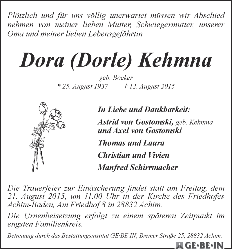Traueranzeige von Dora Kehmna von WESER-KURIER