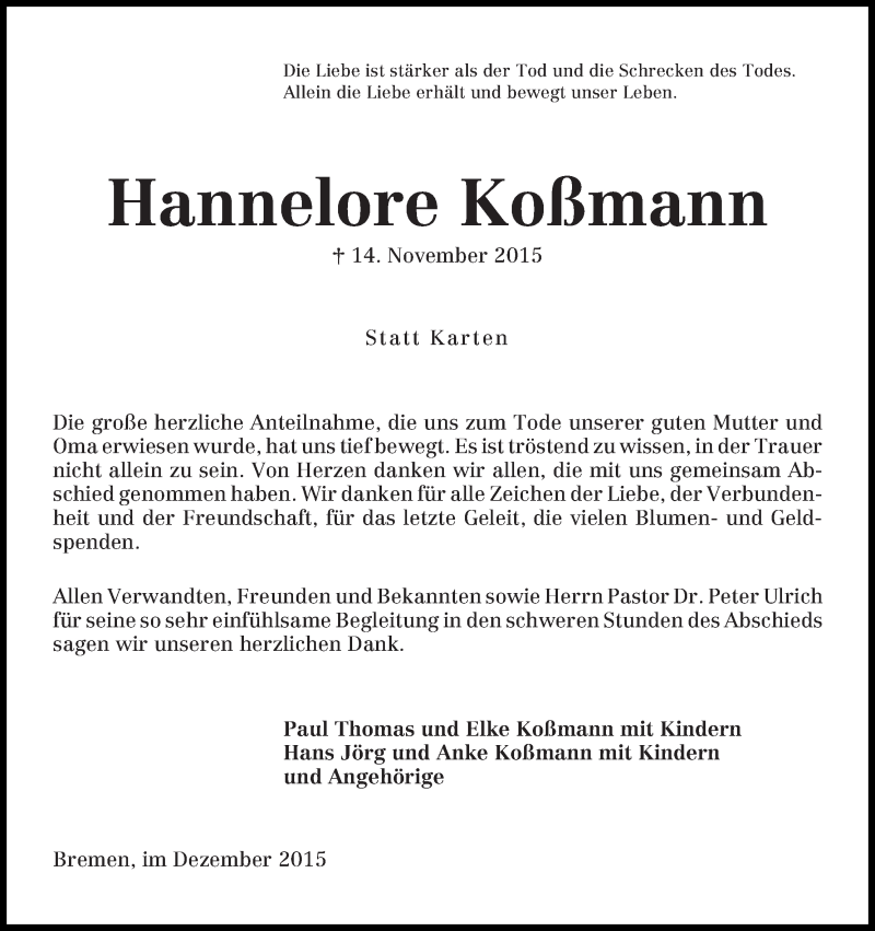  Traueranzeige für Hannelore Koßmann vom 24.12.2015 aus WESER-KURIER