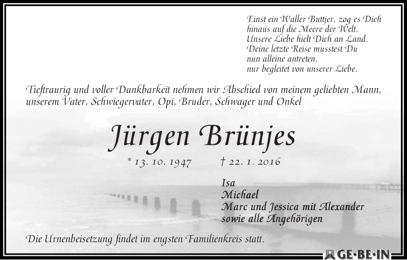 Traueranzeige von Jürgen Brünjes von WESER-KURIER