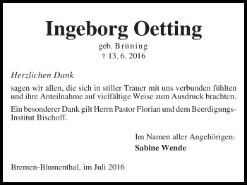 Traueranzeige von Ingeborg Oetting