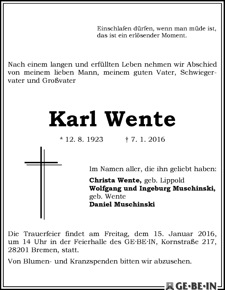 Traueranzeige von Karl Wente von WESER-KURIER