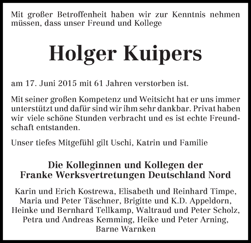  Traueranzeige für Holger Kuipers vom 27.06.2015 aus WESER-KURIER