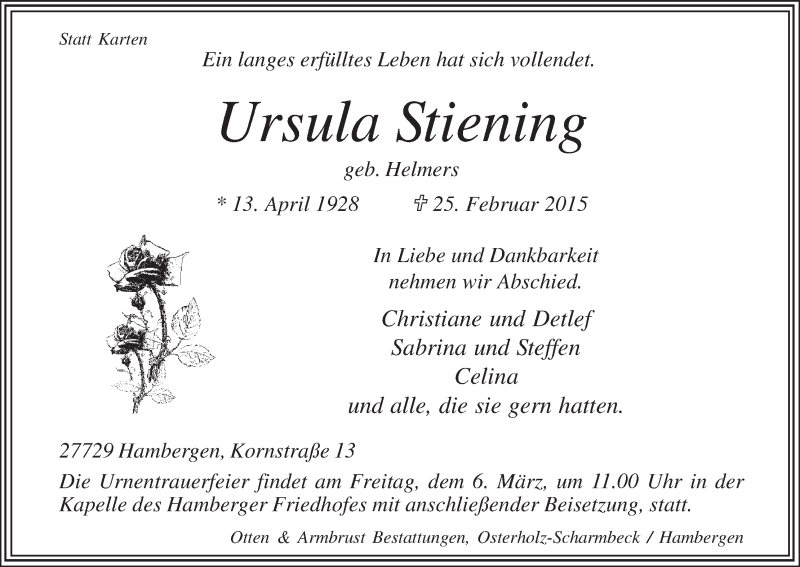 Traueranzeige von Ursula Stiening von Osterholzer Kreisblatt