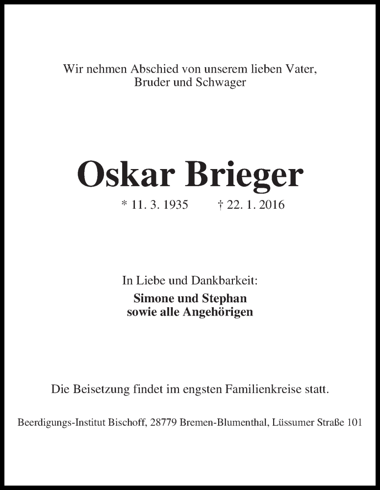 Traueranzeige von Oskar Brieger von Die Norddeutsche