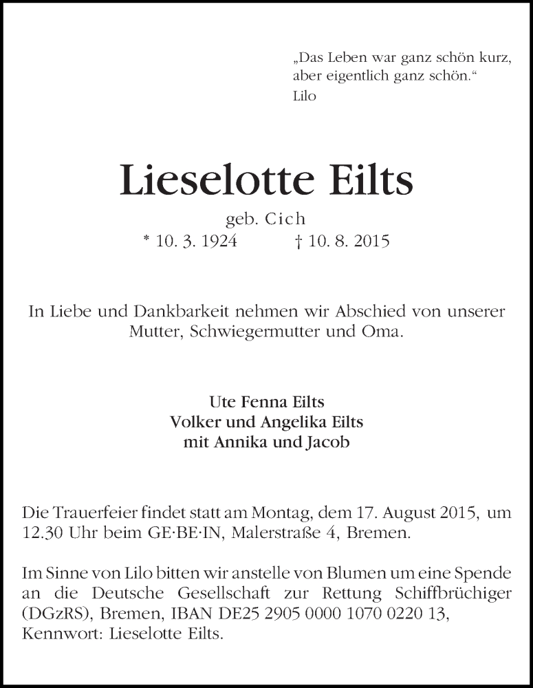 Traueranzeige von Lieselotte Eilts von WESER-KURIER