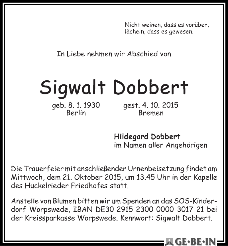Traueranzeige von Sigwalt Dobbert von WESER-KURIER