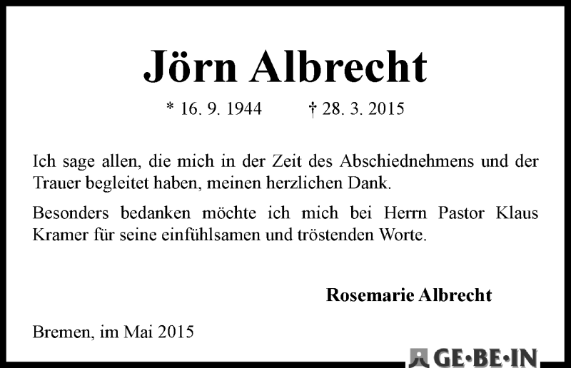 Traueranzeige von Jörn Albrecht von WESER-KURIER