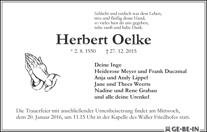 Traueranzeige von Herbert Oelke von WESER-KURIER