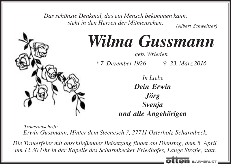 Traueranzeige von Wilma Gussmann von Osterholzer Kreisblatt