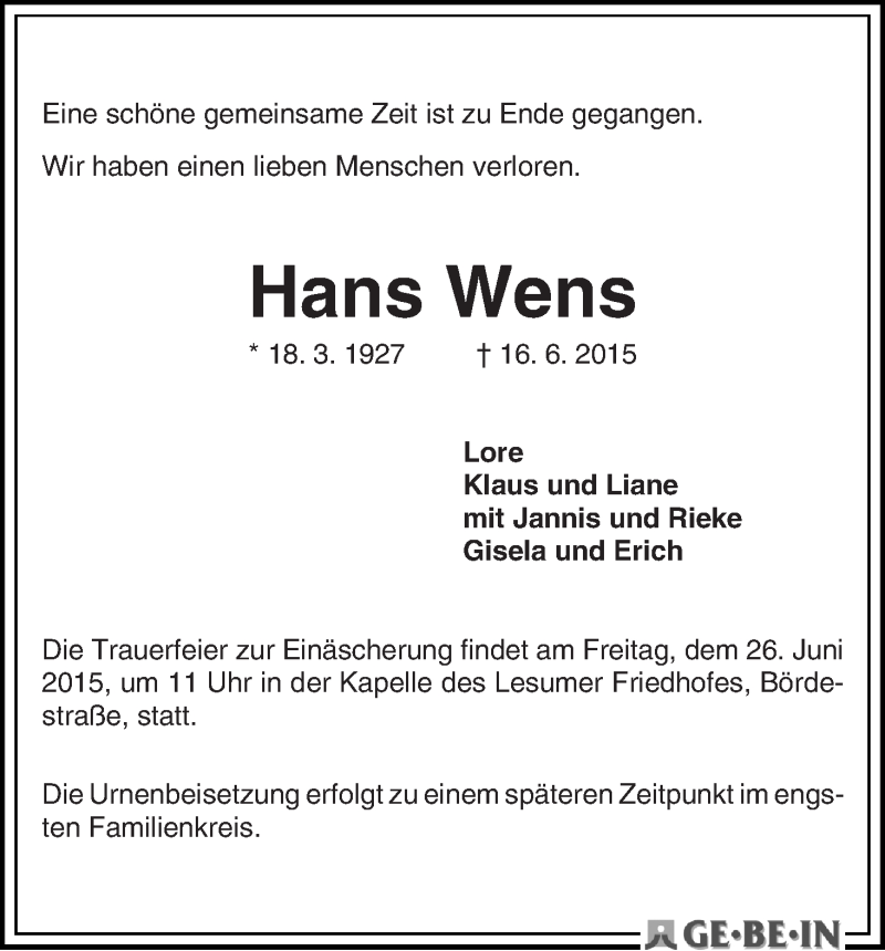 Traueranzeige von Hans Wens von Die Norddeutsche