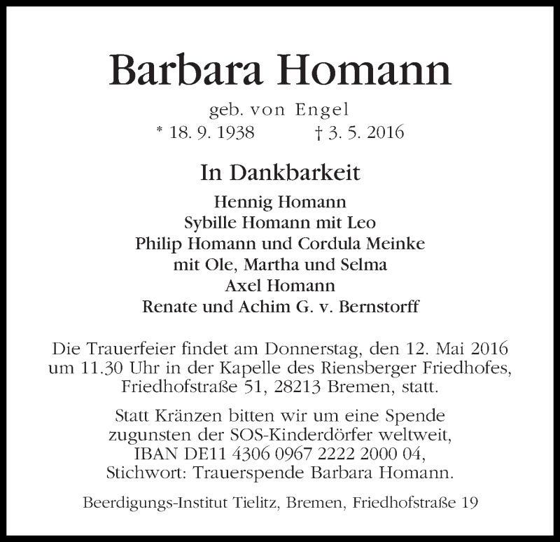 Traueranzeige von Barbara Homann von WESER-KURIER