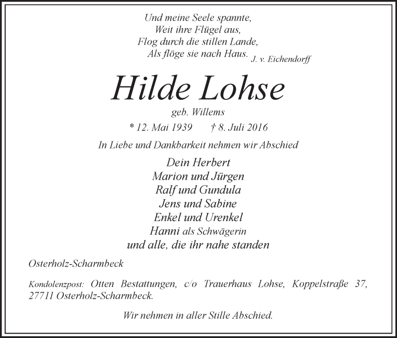Traueranzeige von Hilde Lohse von Osterholzer Kreisblatt