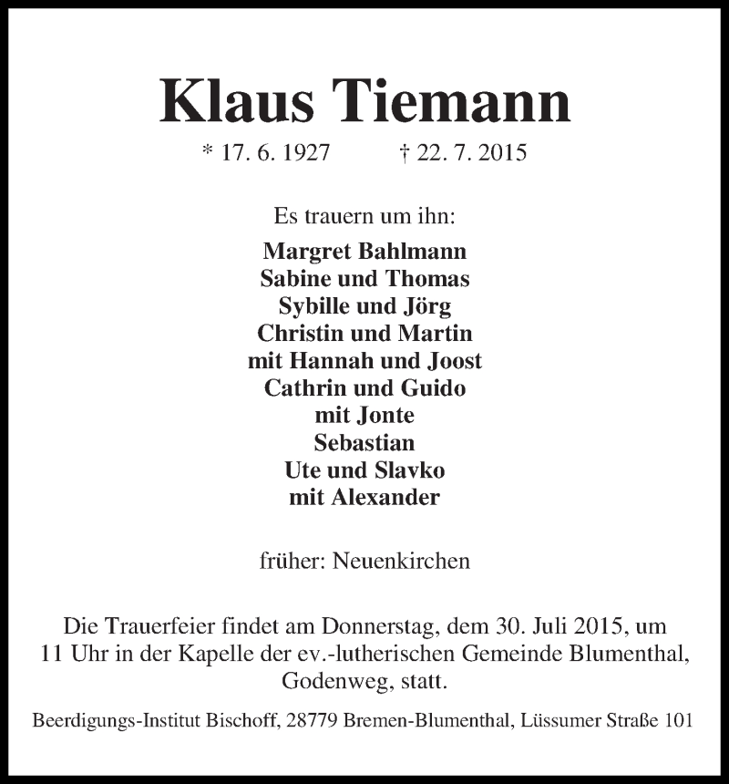 Traueranzeige von Klaus Tiemann von Die Norddeutsche