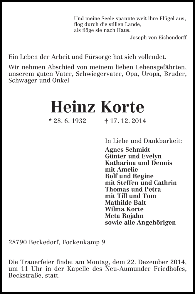 Traueranzeige von Heinz Korte von WESER-KURIER