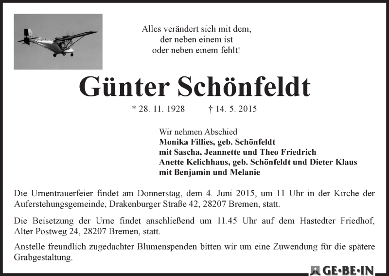Traueranzeige von Günter Schönfeldt von WESER-KURIER