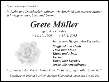 Traueranzeige von Grete Müller