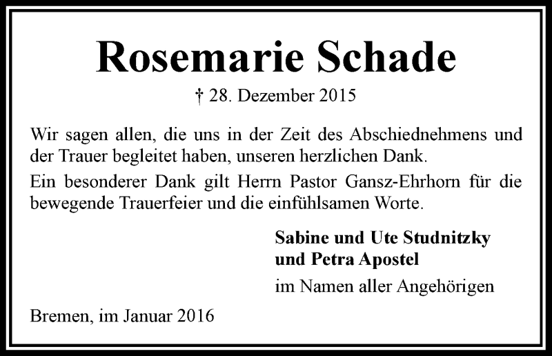 Traueranzeige von Rosemarie Schade von WESER-KURIER