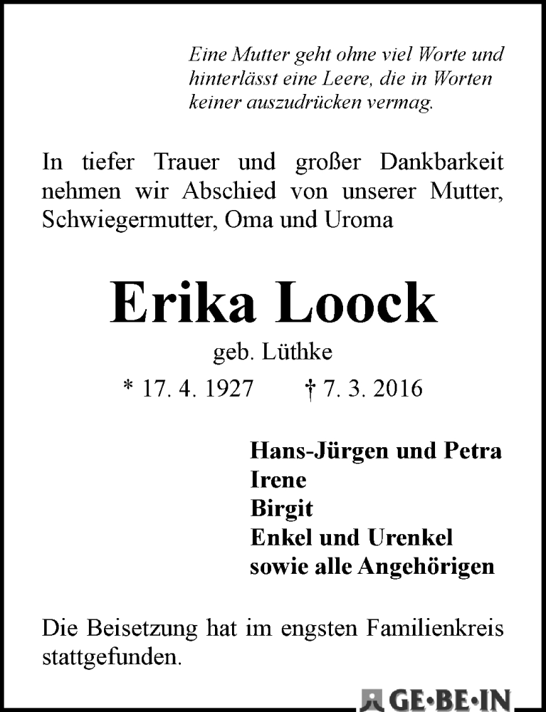 Traueranzeige von Erika Loock von WESER-KURIER