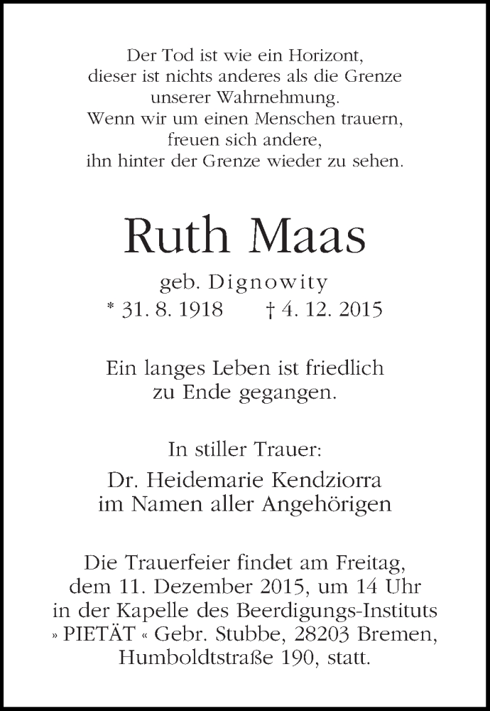 Traueranzeige von Ruth Maas von WESER-KURIER