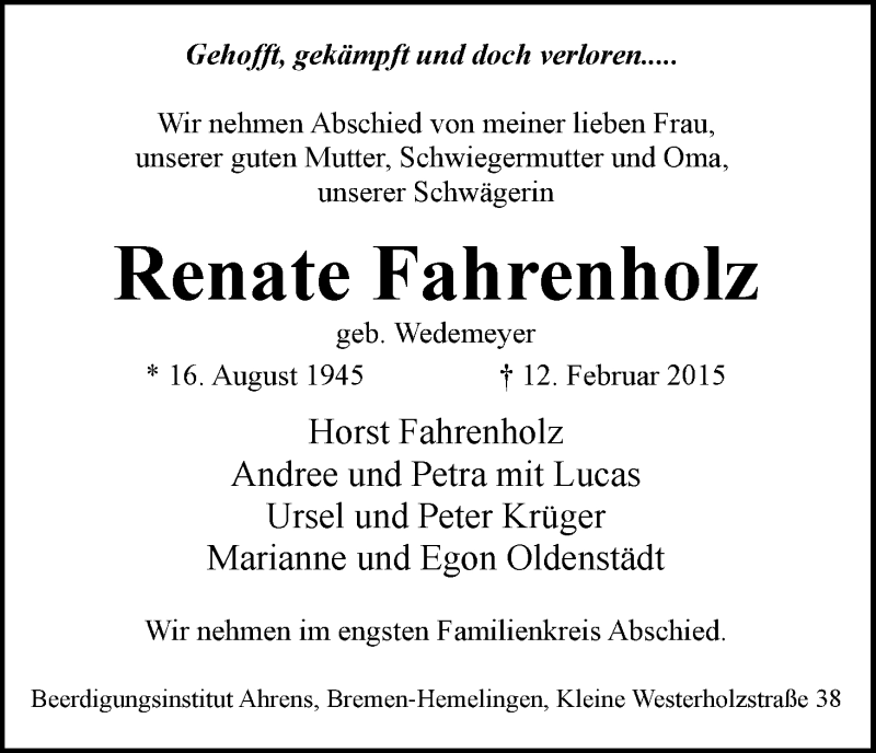  Traueranzeige für Renate Fahrenholz vom 20.02.2015 aus WESER-KURIER