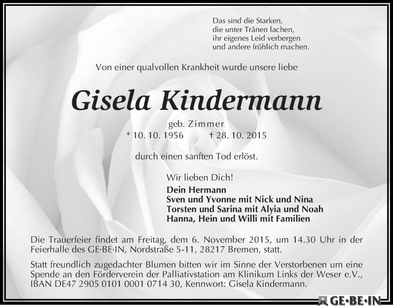  Traueranzeige für Gisela Kindermann vom 31.10.2015 aus WESER-KURIER