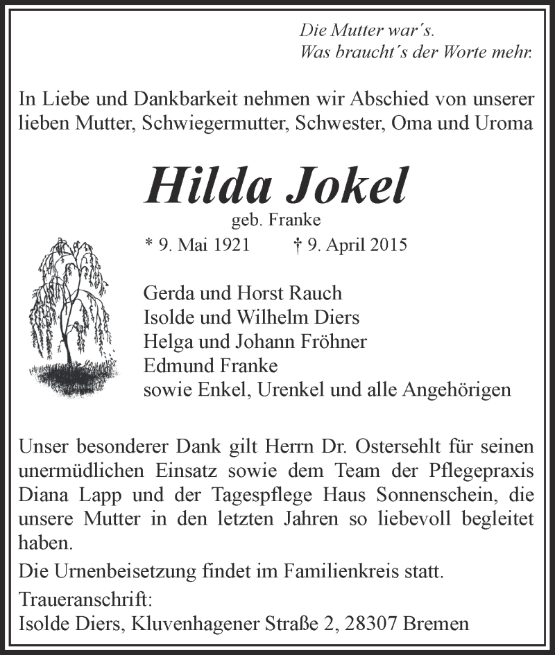 Traueranzeige von Hilda Jokel von WESER-KURIER