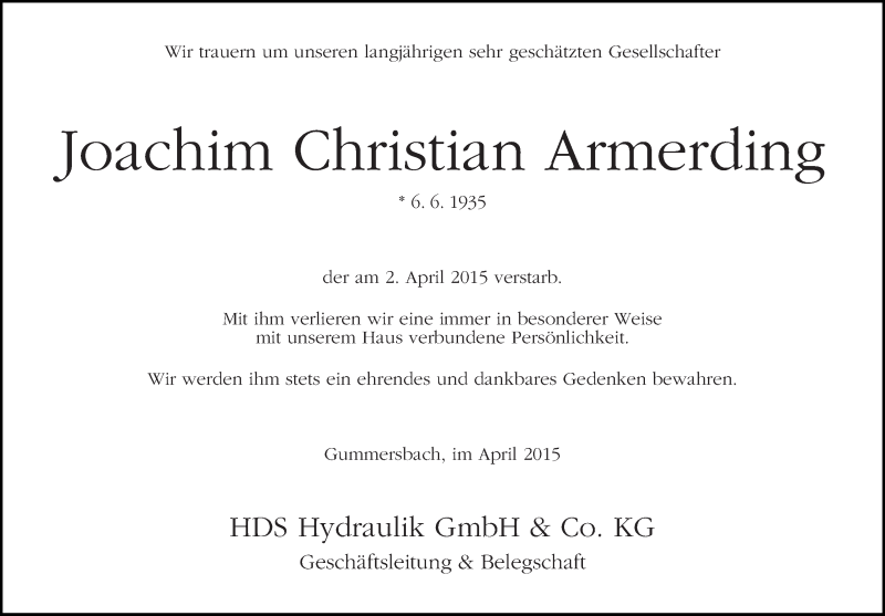  Traueranzeige für Joachim Christian Armerding vom 09.04.2015 aus WESER-KURIER
