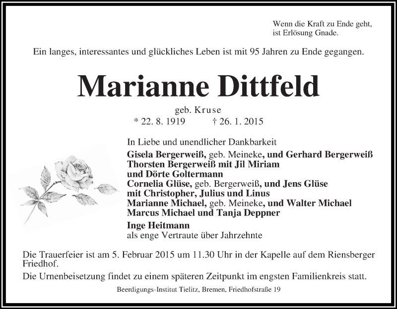  Traueranzeige für Marianne Dittfeld vom 31.01.2015 aus WESER-KURIER