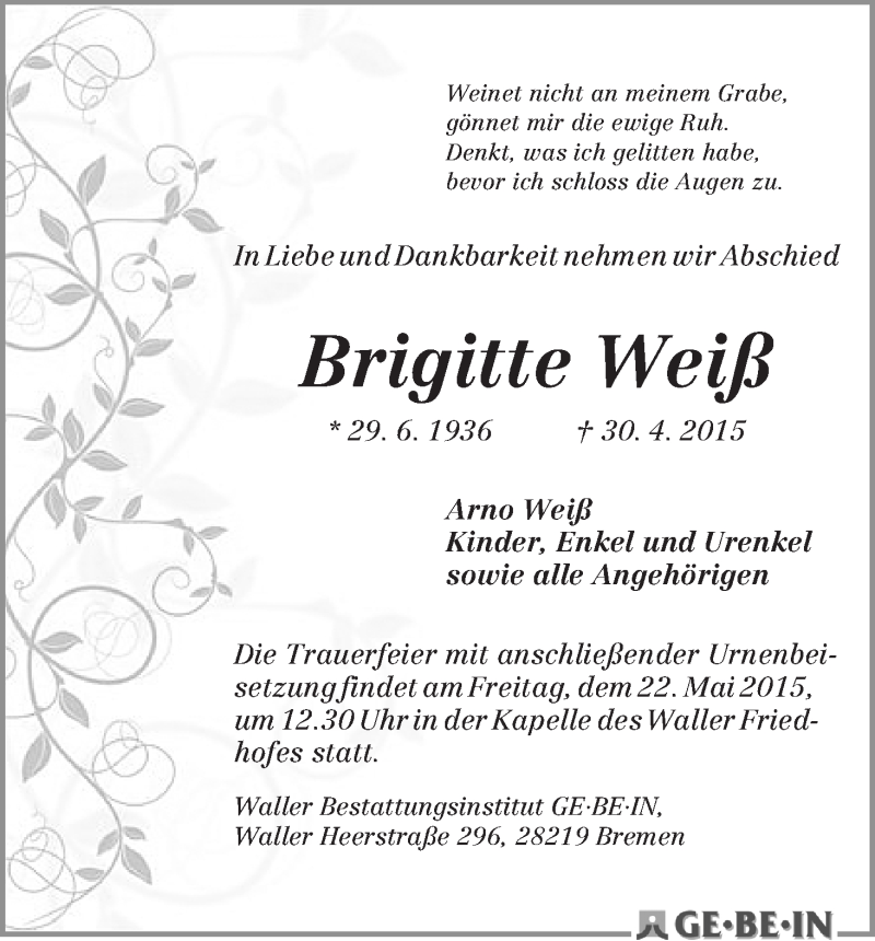  Traueranzeige für Brigitte Weiß vom 06.05.2015 aus WESER-KURIER